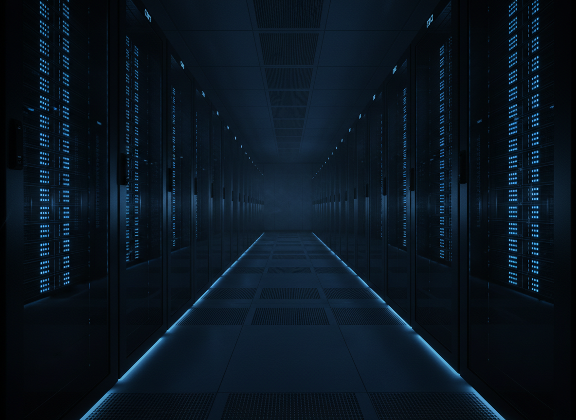 Karanlık server odası, mavi LED aydınlatmalı sunucu rafları